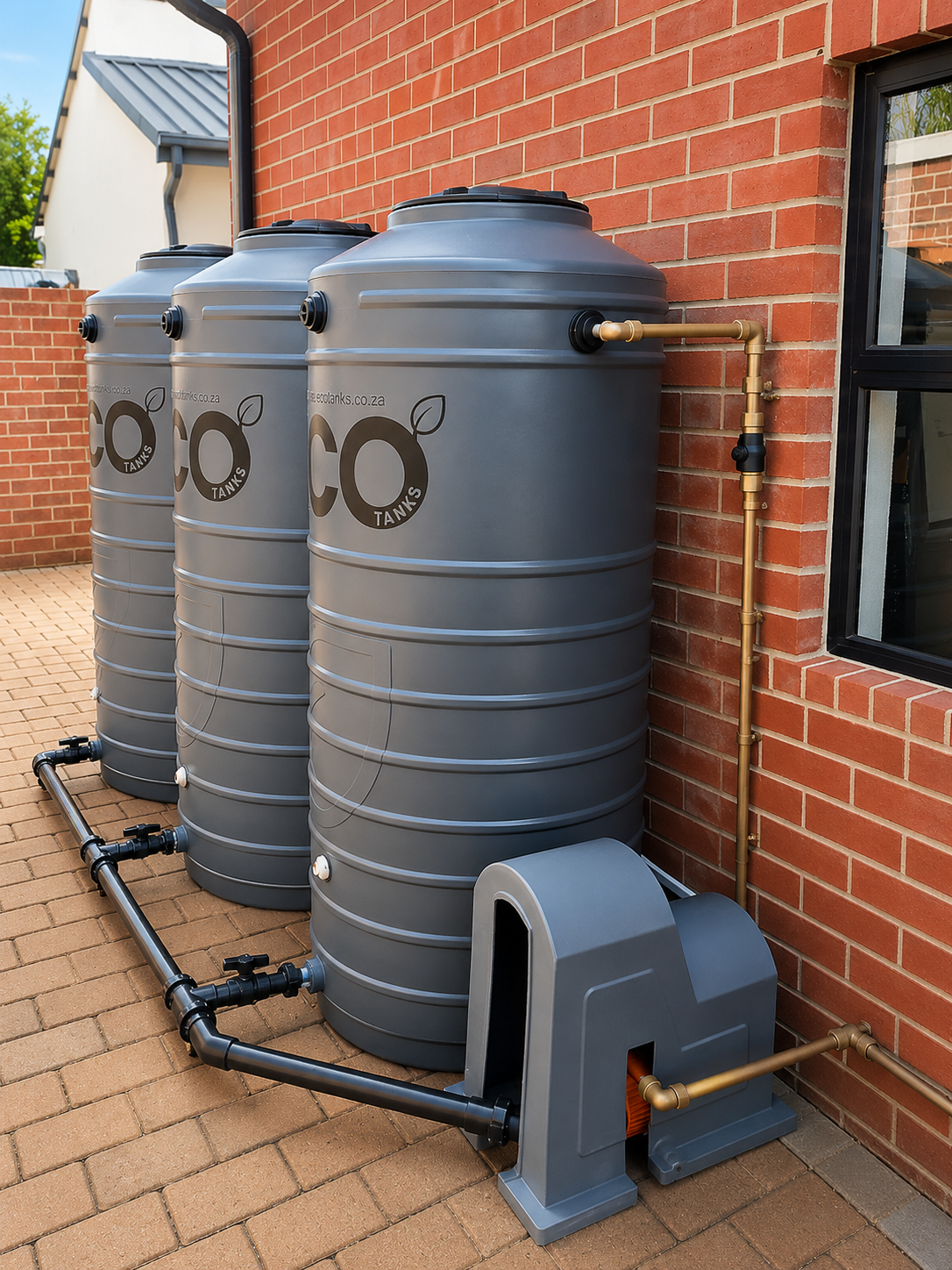 Three slimline backup water tanks installed together